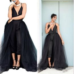 Black Cheap Spaghetti Straps Deep V Neck Tea Length Jumpsuit Evening Gowns with Tulle Detachable Train Pant Suit Party Formal Prom Dresses