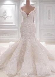 2020 Syrenki Koronki Suknie Ślubne Scoop Neck Full Lace Appliqued Crystal Long Cathedral Train Wedding Bridal Suknie