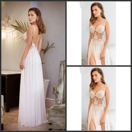 2019 New Lace Backless Beach Wedding Dresses Spaghetti Beaded A-line Chiffon Bridal Dresses High Split Sexy Wedding Gowns 1193