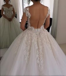 New Sexy Arabic A Line Wedding Dresses Off Shoulder Lace Appliques Flowers Pearls Beaded Sheer Open Back Ball Gown Formal Bridal Gowns