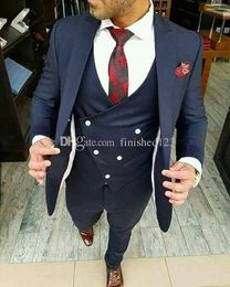 High Quality One Button Navy Blue Groom Tuxedos Peak Lapel Men Suits Wedding/Prom/Dinner Best Man Blazer (Jacket+Pants+Vest+Tie) W410