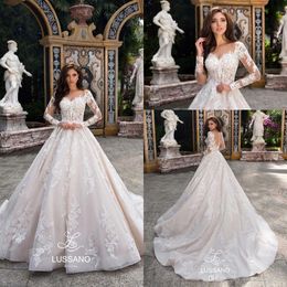 2020 Modest Western Long Sleeve Lace Bröllopsklänningar 2020 Sheer Appliques Sweetheart Ball Gown Bridal Gowns Custom Made Ba9151