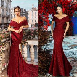 2020 Sparkly Red Evening Dresses With Glitter Beads Off The Shoulder Mermaid Prom Dress Custom Made Plus Size Formal Occasion Gown287x