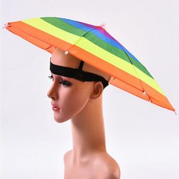 Rainbow Colour Umbrella Hat Adult Children Outdoor Foldable Rain Sun Umbrella Cap for Golf Fishing Camping Hiking
