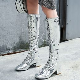 Silver Patent Leather Women Boots Knee High Square Toe Chunky Heel Ladies Booties Front Cross Tied Back Zip Shoes Woman