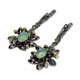 Fashion-Blue stone Dangle Earrings Black flower Jewellery Vintage Gold+Black plating Fast delivery Jewelry Drop earring for women