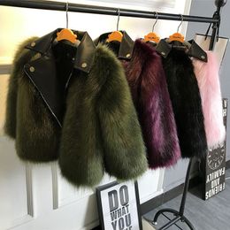 Sunshine & Rainy Winter Jackets Girls Faux Fur Coat Girl PU Leather Faux Fur Jacket Fake Two Pieces Warm Fur Kids Outerwear