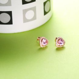 NEW Pink stone CZ Diamond Heart Stud Earring Original Box Set for Pandora 925 Silver 18K Rose gold Earrings Women Gift