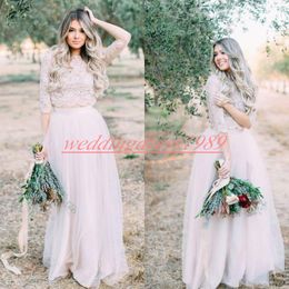 Stunning Two Pieces Lace Sheer Beach 2020 Wedding Dresses Tulle Garden vestido de noiva Arabic Bride Ball 3/4 Long Sleeve Bridal Gowns