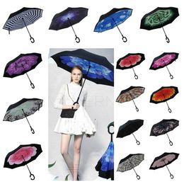 Creative Inverteds Folding Reverse Umbrella Double Layer Inverted Windproof Rain Car Umbrellas with C Handle UmbrellasT2I5720
