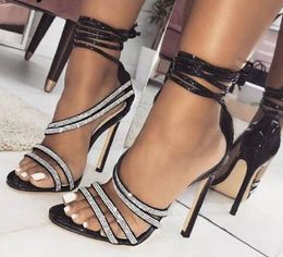 2019 New Apricot Women Crystal Sandals Ankle Straps High Heels Transparent Cover Heel Pumps Ladies Sandals Party Shoes