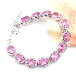 Luckyshine Silver Charms Bracelet Oval Pink Fire Topaz Jewellery NEW For Women Wedding Engagements Bracelet Bangle 8inch