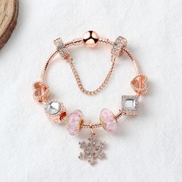 Strands Rose gold loose beads snowflake pendant bangle charm bead bracelet for girl DIY Jewellery as Christmas gift