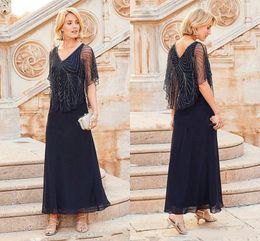 Mother Off Bride Dresses Chiffon Navy Blue V Neck Beading Short Sleeves Ankle Length With Wrap Cape Plus Size wedding guest dress