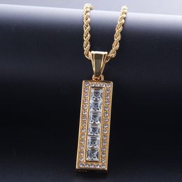 Goldene Halskette mit rechteckigem Stab-Anhänger, Hip-Hop-Bling, voller Diamant, quadratisch, rechteckig, Charm-Drehkette, Strass-Schmuck, Geschenke für Männer und Frauen, Bijoux