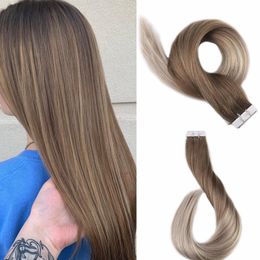 100g 40Pcs Balayage #2 #8 Silk Straight PU Hair Tape In Hair Extension 14 Inch To 24 Inch