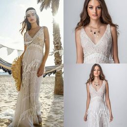 Rish Dresses Bohemia Beading Deep V Neck Lace Appliqued Beach Boho Sweep Train Wedding Dress Bridal Gowns Robe De Marie