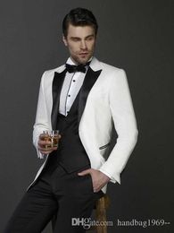 Latest Design Two Button Ivory Groom Tuxedos Peak Lapel Groomsmen Best Man Mens Wedding Suits (Jacket+Pants+Vest+Tie) D:299