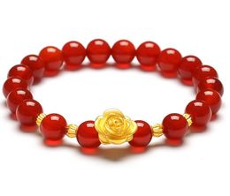 Imitation Gold Rose Flower Bracelet Red Agate Beads Bracelet Transfer Luck Women Jewelry