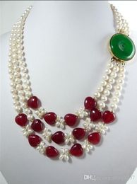 Charming 3Row 7-8mm White Freshwater Pearl & Heart-shaped Red Ruby Necklace