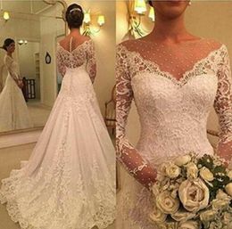 Charming Long Sleeve Wedding Gowns Lace Bridal Dresses 2022 Sheer Jewel A-line Applique Vestidos De Novia Custom Made
