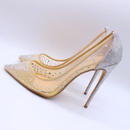 Hot Sale-fashion women pumps Nude Mesh strass Rhinestone pointed toe high heels sandals shoes boots bride wedding pumps 120mm 100mm
