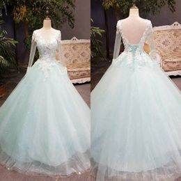 sparkly corset wedding dresses Canada - 2019 Pale Mint Colorful Wedding Dresses Sparkly Sequined Tulle Floor Length Illusion Top Sheer Long Sleeves Lace Applique Corset Bridal Gown