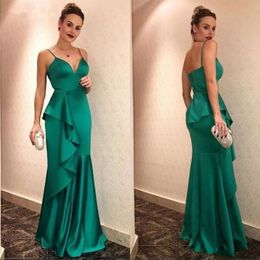 Dark Green Satin Mermaid Evening Dresses 2020 Spaghetti Straps Ruffles Formal Floor Length Prom Dresses Party Gowns