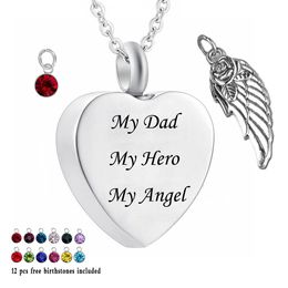 Urn Necklaces for Ashes My Dad My Hero My Angel Cremation Heart Memorial Pendant 12 Piece Birthstone and wings Necklace