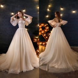 Classy Lace A Line Wedding Dresses Off The Shoulder Bridal Gowns Sweep Train Tulle robe de mariée