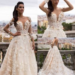 2020 Glamorous Wedding Dresses Off Shoulder Hand Made Flowers Appliques Lace A Line Bridal Gowns Sweep Train Wedding Dresses