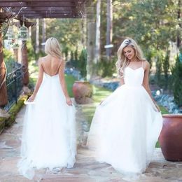 2020 New Simple Sexy A Line Bohemian Wedding Dresses Spaghetti Sweetheart Backless Tiered Tulle Boho Bridal Gowns Wedding Dress Cheap Custom