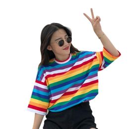 New T Shirt Women Rainbow Striped Tops Harajuku Tshirt Summer Short Sleeve Korean Punk T -Shirt Camiseta Feminina Size M-2XL