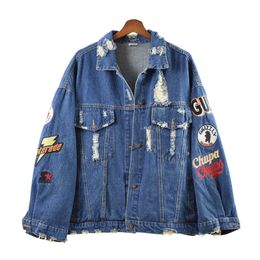 Perhaps U Women Short Cropped Denim Blue Oversize Punk Jacket Button Rock And Roll Turn Down Collar Letter Embroidery Hole C0070 Y190826