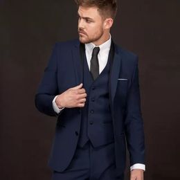 Popular Navy Blue Groom Tuxedos Two Button Groomsmen Mens Wedding Dress Excellent Man Jacket Blazer 3 Piece Suit(Jacket+Pants+Vest+Tie) 714