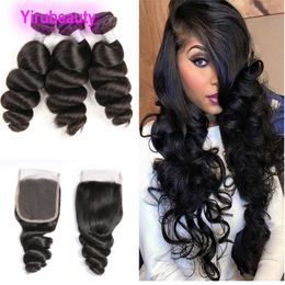 Malaysian Human Hair 3 Bundles With 4X4 Lace Closure Loose Wave 4Pcs/lot Hair Extensions 8-28inch Natural Colour Wholesale Soft