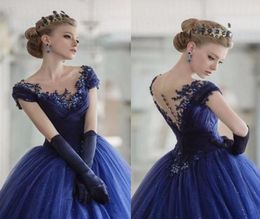 Gown Sexy Ball Navy Blue Quinceanera Dresses Scoop Neck Cap Sleeves Lace Appliques Organza Sweet 16 Party Long Prom Evening Gowns s