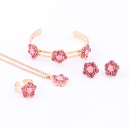 Pink Colour Plum Blossom Costume Jewellery For Kids Girls Gold Colour Children's Earring Necklace Bracelet Ring Set