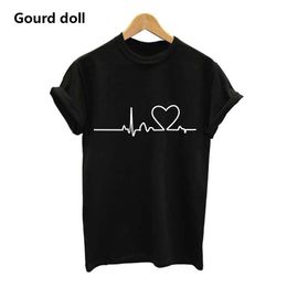 Cotton Harajuku Heartbeat Love Printed Women T-Shirts Casual Summer Short Sleeve Short Sleeve T Shirt Women Tops Plus Size Female Trend