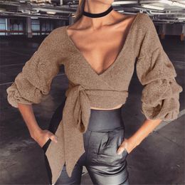 Fashion- V Neck Sweater Women Casual Crop Top Pullover Cropped Sexy Sweaters Pull Femme Black Basic V Neck Knitwear