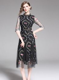 Crew neck Embroidered floral gauze Summer black Aline dress casual dresses Knee-length