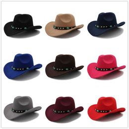 Fashion Women Wool Hollow Western Cowboy Hat Roll-up Wide Brim Lady Jazz Sombrero Hombre Cowgirl Cap with Punk Belt Size 56-58cm