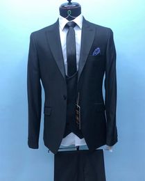 Black Wedding Tuxedos 2019 One Button peaked Lapel Slim Fit Groom Wear Mens Suits For Prom Custom Made ( Jacket+Pants+ Vest+Tie)