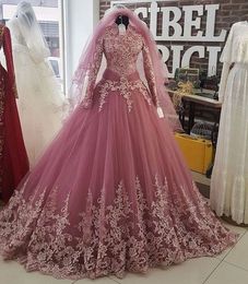 Dusty Pink Ball Gown High Neck Muslim Wedding Dresses With Long Sleeves Lace Tulle Princess Dubai Women Arabic Modest Non White Bridal Gowns