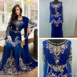 Marokkanischer Kaftan, königsblaue Ballkleider, Abaya, muslimische arabische Langarm-Abendkleider mit perlenbesetzten Kristallen, bodenlanger Chiffon-Designer 2019