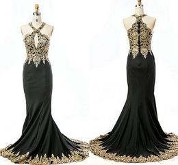 Black Gold Applique Halter Formal Evening Dresses Elegant 2020 Unique Neckline Open Back Mermaid Vestidos De Festia Prom Party Cocktail Dres