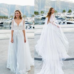 Elegant Boho Wedding Dresses V-neck Sleeveless Applique Beaded Lace A Line Wedding Gowns Beach Backless Sweep Train Tulle Vestidos De Novia