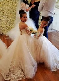 Full Lace Flower Girl Dresses for Weddings Jewel Neckline Long Sleeves Custom Made Girls Pageant Gowns A-line Kid Birthday Party D252a