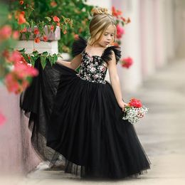 Black Flower Princess Flower Girl Dresses For Wedding Pleated Pageant Gowns Floor Length Tulle First Communion Dress