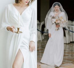 New Simple Satin Chiffon Wedding Dress 2020 Long Sleeves Slit V-neck Boho Beach Bridal Wedding Gowns Robe de mariee